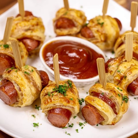 Festliche Currywurst Puff Pops in leicht goldbraunem Blätterteig mit würziger Soße.
