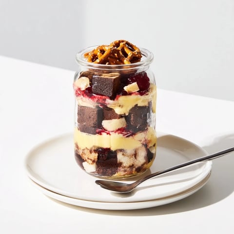 Schokoladige Biergarten-Kuchen-Gläser mit Kirschen und Vanillecreme, himmlisch geschichtet.