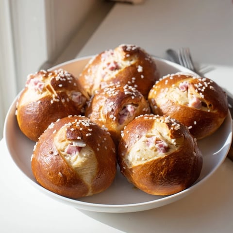 Weiche, goldene Brezelbrötchen gefüllt mit köstlichem Schinken und schmelzendem Käse.
