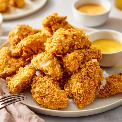 Crispy pretzel crusted chicken bites served with delicious honey mustard dip.  