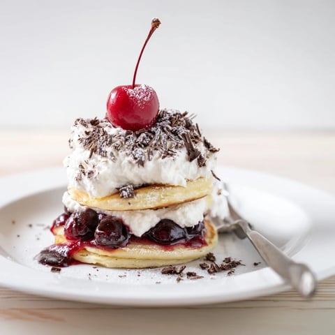 Fluffige Black Forest Pancake Minis mit Kirschkompott und Schokoladenraspeln.
