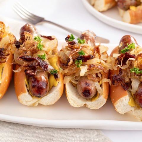 Saftige Mini-Bratwurst-Slider auf weichen Brötchen, belegt mit Sauerkraut.