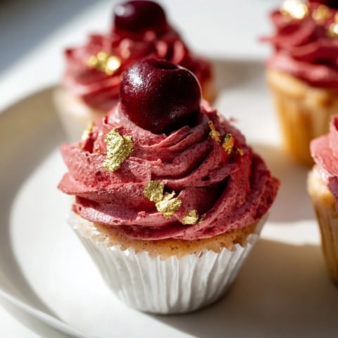 Mini Cherry Cupcakes with Cherry-Red Cream and Gold Leaf: