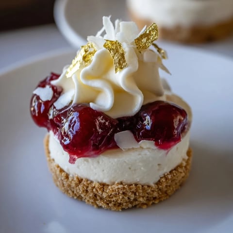 Kirsch-Rococo No-Bake Mini Cheesecakes topped with vibrant cherry compote, ready for enjoying.