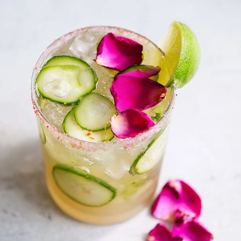 Gewürzgurken Margarita with vibrant pink petals, a refreshing cocktail, perfect for summer.