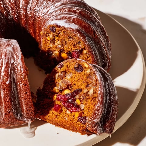 Moist chestnut Bundt cake drizzled with mulled wine glaze, ready to serve this holiday.