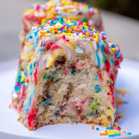 Chaotic Funfetti Cake with vibrant sprinkles and swirled, colorful frosting, ready to eat.