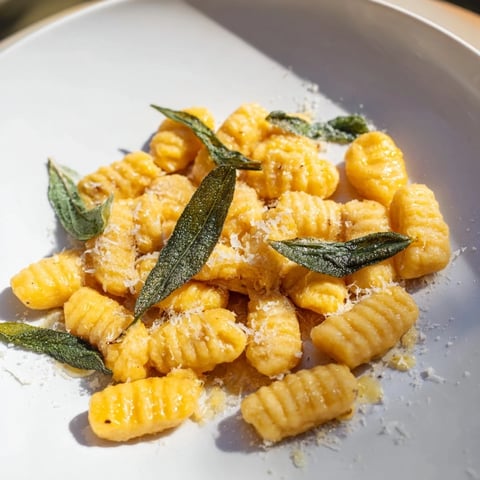 Creamy plate of butternut squash gnocchi glistening with browned butter, topped with crispy sage.