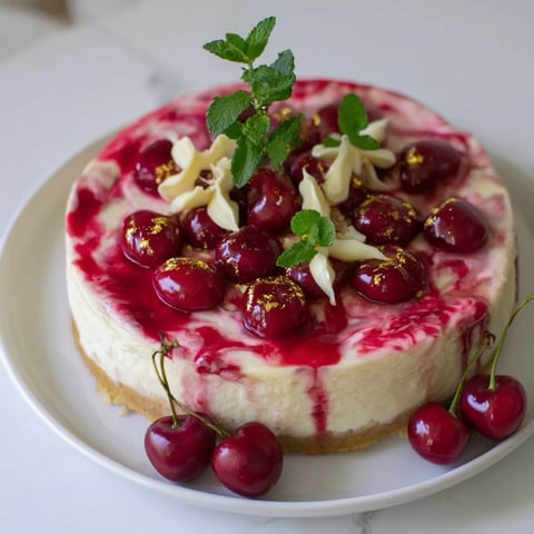 A slice of Cherry Vibe Cheesecake with a glossy cherry jam swirl, ready to savor.