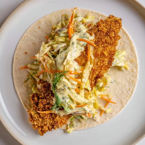 Crispy pork schnitzel tacos with vibrant slaw, a comforting mix of textures and flavors.