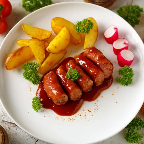 A colorful Currywurst Board features sizzling German sausages with a variety of mustards for dipping.