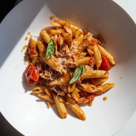 A photo of delicious blitz pasta with tomatoes and tuna, garnished with fresh basil.