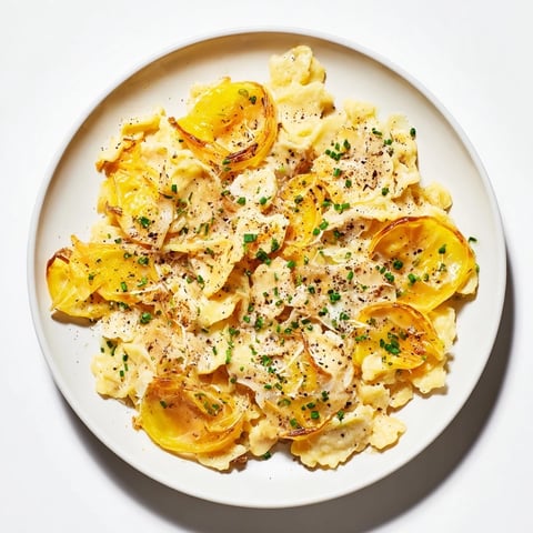 A warm, cheesy Käsespätzle dish with golden, bubbling cheese and caramelized onions.