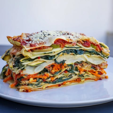 A bubbling, golden Vegetable Lasagna with layers of vegetables, sauce, and melted cheese, ready to serve.