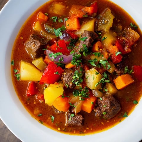 Goulash Soup bubbling in a pot, featuring tender beef and colorful vegetables, ready to serve.