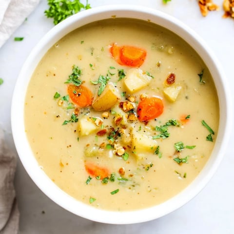 Creamy Garlic Potato Soup, a comforting bowl of vegan goodness garnished with fresh parsley.
