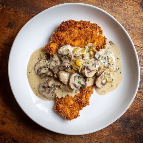 Crispy Jaeger Schnitzel with savory mushroom gravy, ready to be served hot.