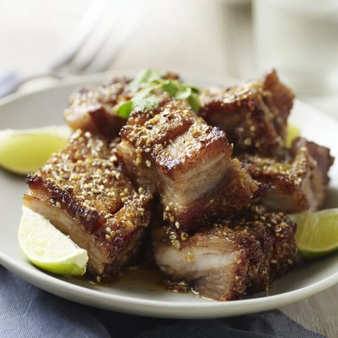 Crispy, golden Lightened Schweinshaxe Bites, plated with parsley and lemon wedges, ready to enjoy.