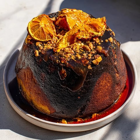 Festive air fryer Feuerzangenbowle-inspired cake with rum-soaked top, perfect for the holidays.