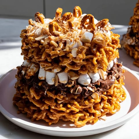 Crunchy Haystack Candy Tower, layered with chow mein noodles, pretzels, and chocolate, a sweet treat.