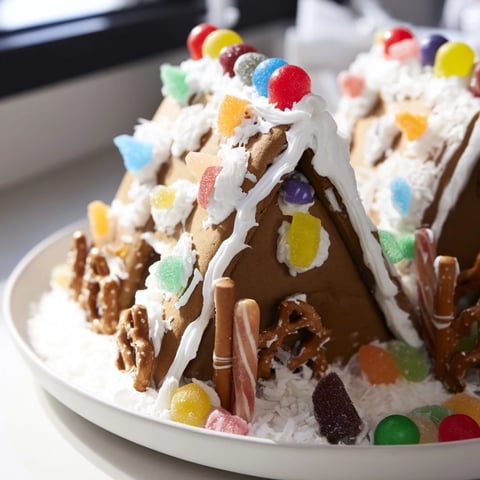 A completed gingerbread house decorating kit with colorful candies and fresh frosting ready to build.