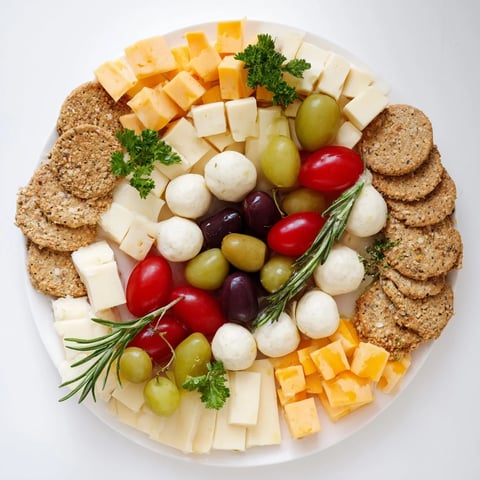 Jingle Bell Cheese & Cracker Wreath with colorful grapes and olives arranged on a platter.