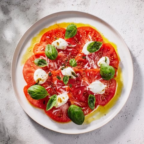 Vivid Starfish Caprese Salad with bright red tomatoes, creamy mozzarella, and basil ready to serve.