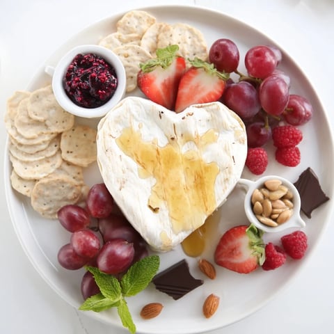 A heart-shaped Sweetheart Brie and Jam Board filled with fresh fruit and crackers.