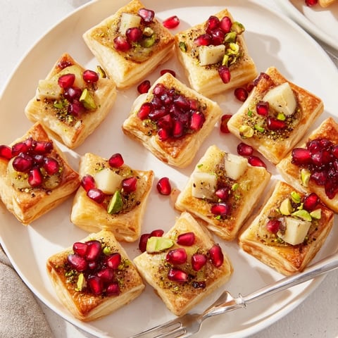 Golden Fireworks Brie Tartlets, bubbling Brie and sweet preserves atop flaky pastry, ready to enjoy.