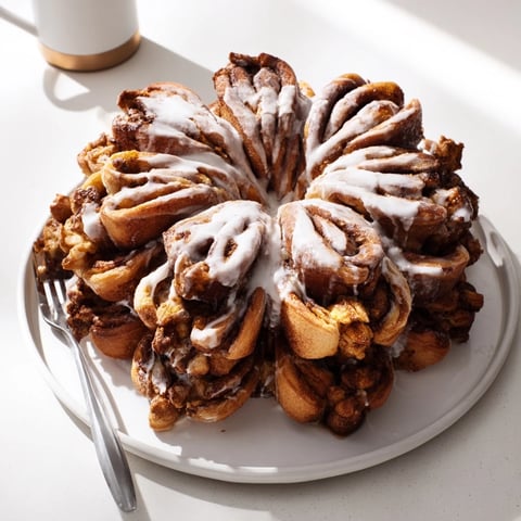 Fluffy giant snowflake sweet roll centerpiece, glistening with icing, perfect for a cozy holiday breakfast.