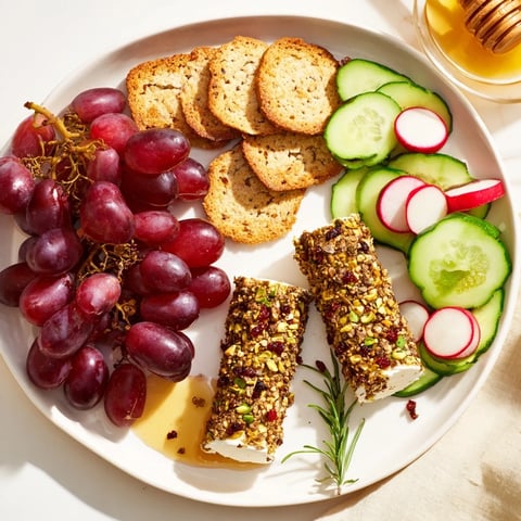 Creamy Cranberry Goat Cheese Logs beautifully displayed on a wooden board with fresh grapes and crackers.