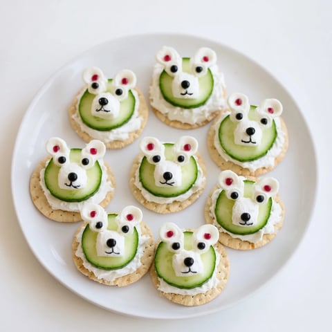 Polar Bear Iceberg Cracker Stacks topped with cream cheese, cucumber, olive noses, caper eyes, and radish ears.
