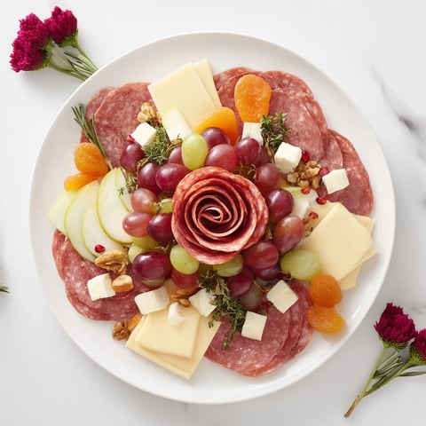 Festive charcuterie centerpiece featuring edible meat roses, brie, and grapes, perfect for holidays.