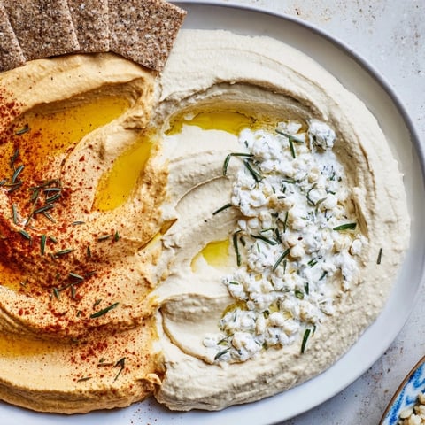 Delicious Easy Dips: Two vibrant bowls of hummus and yogurt dip with a cracker divider.