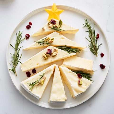 Festive Brie cheese triangle tree, showcasing creamy wedges with rosemary and cranberries, ready to serve.