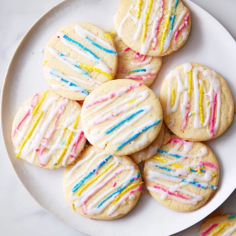 Sweet sugar cookie and icing drizzle plate, showing freshly baked cookies with colorful drizzled icing.