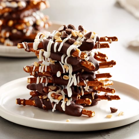 Chocolate Covered Pretzel Stick Stack ready to eat, with white chocolate drizzled atop the crunchy treats.