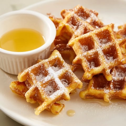 Golden waffle quarters ready to dip in warm syrup, a perfect weekend breakfast treat.