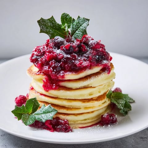 Fluffy Brunch Board: Pancake Stack, vibrant red berry holly topping, ready to serve with syrup.