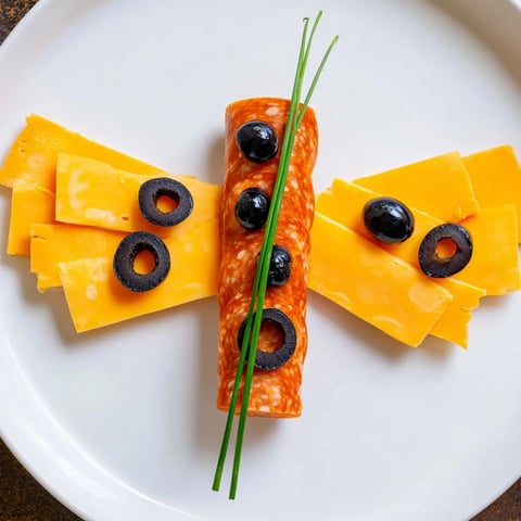 Vibrant cheddar cheese wings & salami body form a playful Butterfly Migration appetizer, ready to serve.
