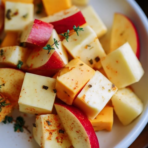 Smoked paprika-dusted cheeses and apple wedges form The Autumn Ember appetizer, a festive fall treat.