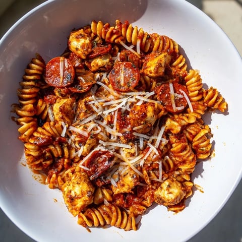 One-Pan Pizza Pasta bubbling in skillet, with melted mozzarella and fresh herbs, perfect dinner.