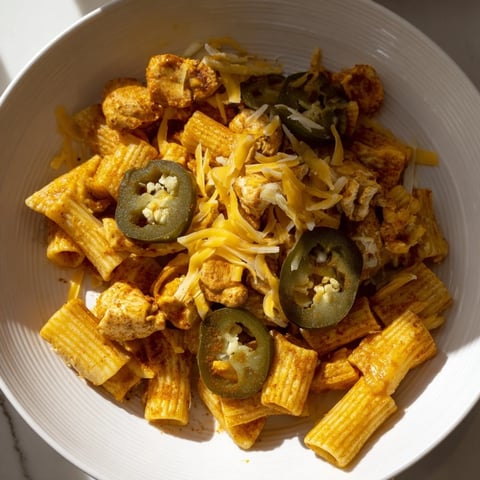 Golden air-fried Pasta Chip Nachos topped with melted cheese, taco chicken, and fresh jalapeños for sharing.