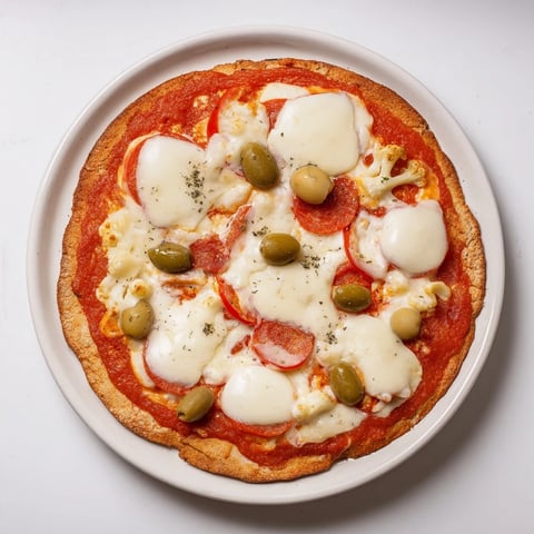 Crispy cauliflower pizza crust, ready for toppings: imagine a golden, baked base piled high.