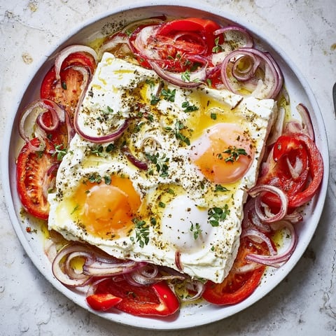 Mediterranean Baked Feta & Eggs, a bubbling, savory dish with red tomatoes and creamy feta.