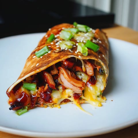 Golden-brown Korean BBQ Chicken Wrap Grilled Cheese, oozing with melted cheese and ready to serve.