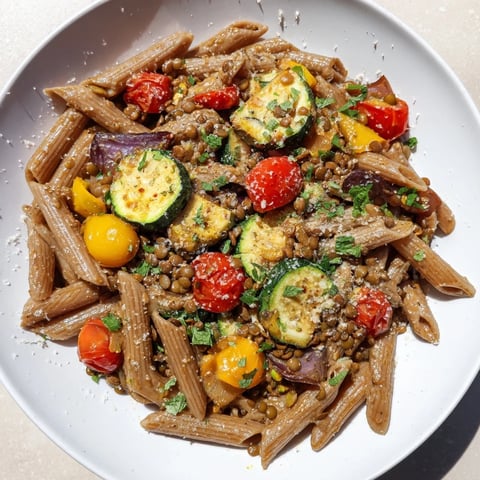 Lentil Pasta with Vegetables, a delicious Mediterranean main dish, overflowing with roasted vegetables.