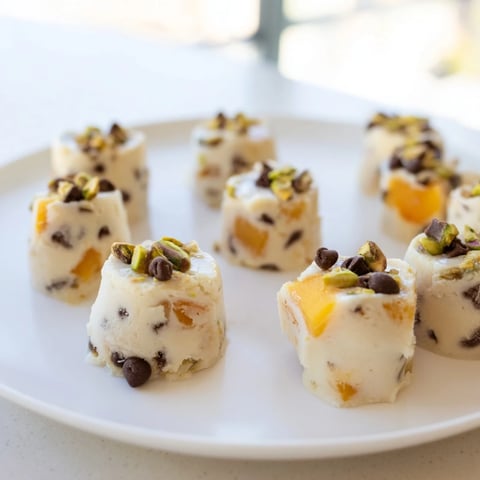 Creamy frozen peach yogurt bites, studded with peach pieces ready for a refreshing treat.