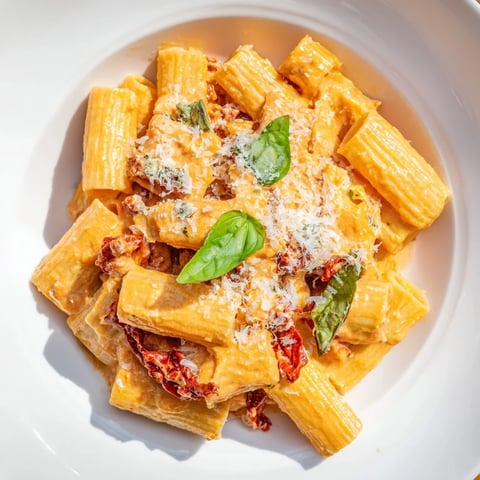 Creamy Sun-Dried Tomato Pasta, ready to serve and garnished with fresh basil, for a delightful dinner.