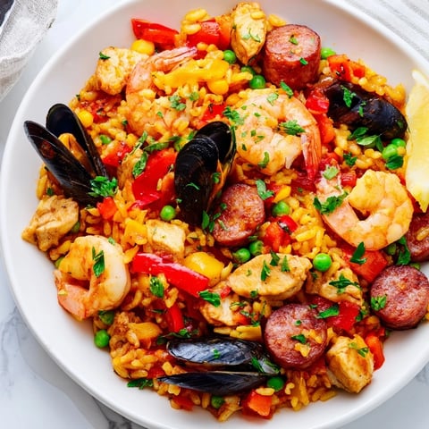 Fragrant Paella Spanish Rice, a colorful dish with shrimp, mussels, and saffron-infused rice.